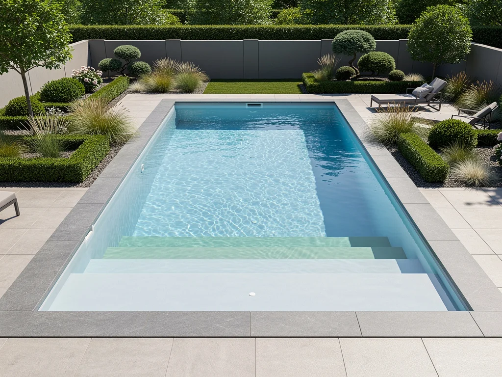 Piscine coque polyester rectangulaire bleu clair avec plage immergée et margelles gris pierre
