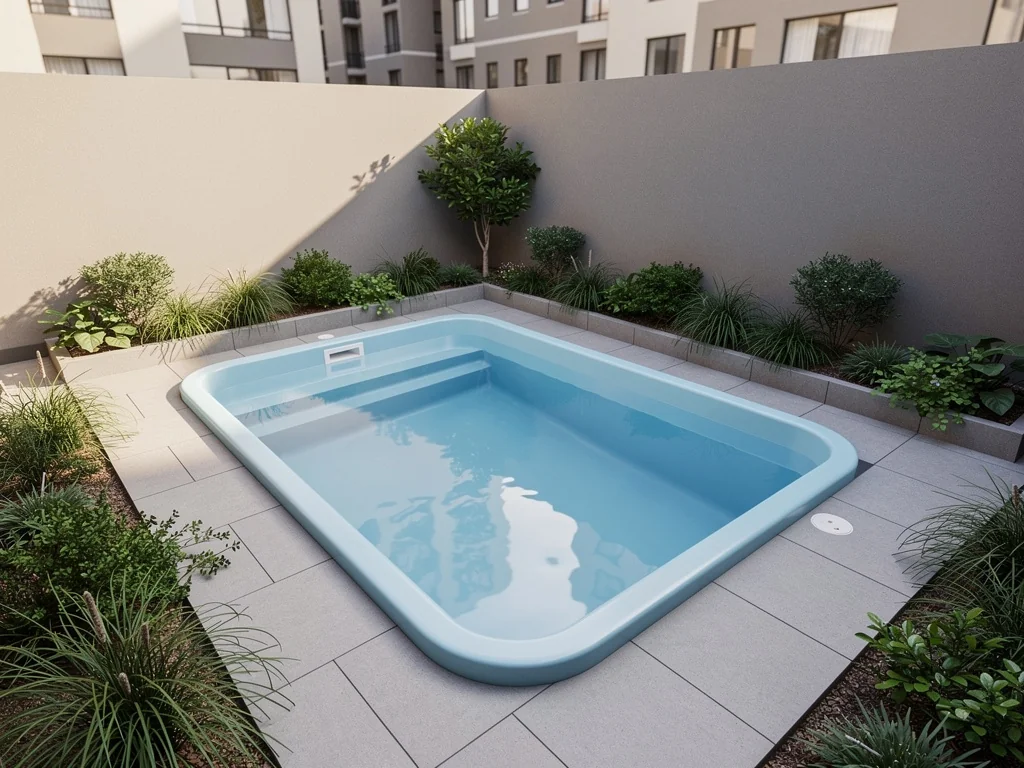 Mini piscine coque de moins de 10 m2 posée dans un petit jardin de ville